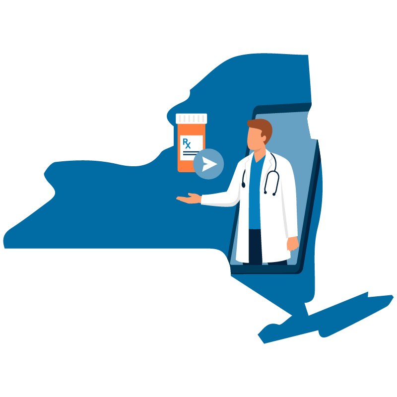 Blue Illustration of New York EPCS-Certified Electronic Prescribing eRx Software, Doctor Interacting With Mobile eRx and Pill Bottle