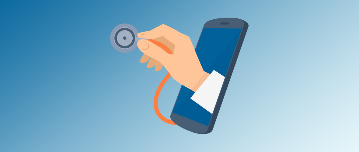 A graphic of a doctor hand and stethoscope coming out of a phone screen