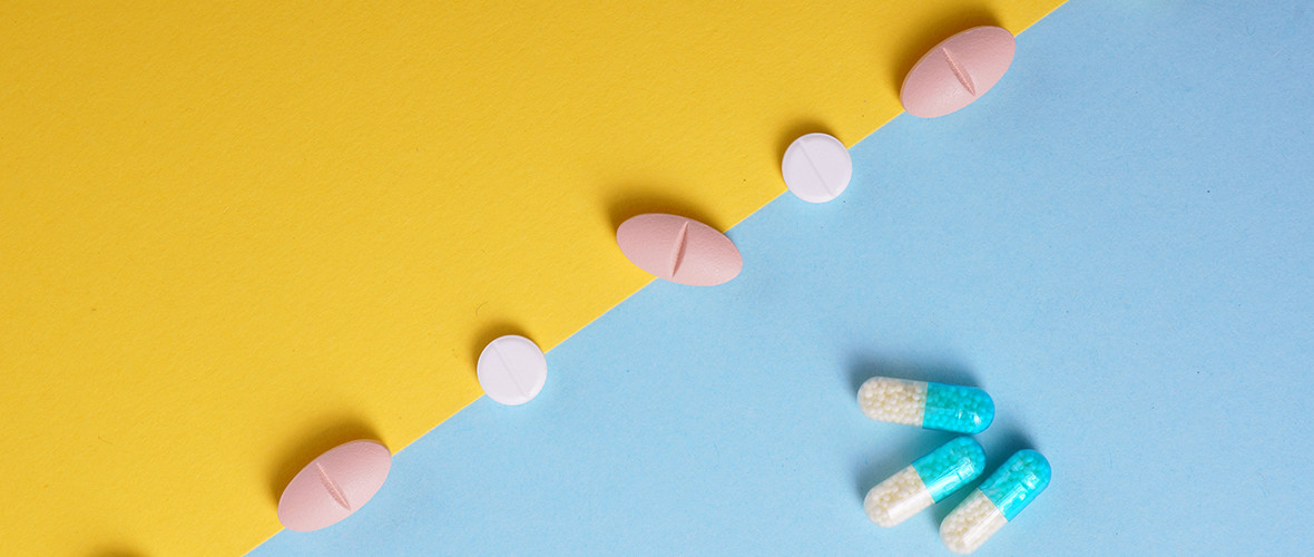 A variety of pills set on a table