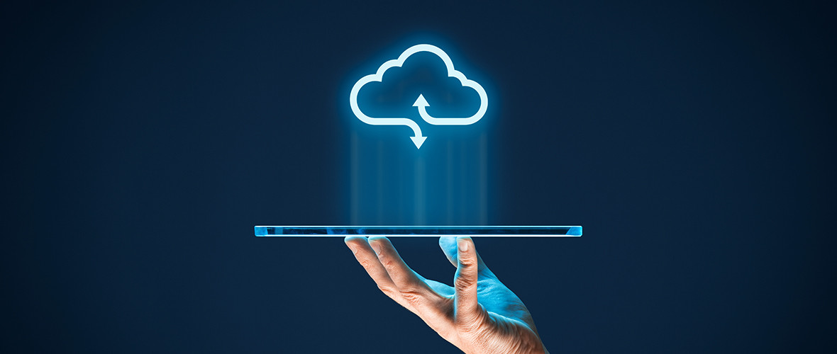 A graphic of a tablet and cloud logo