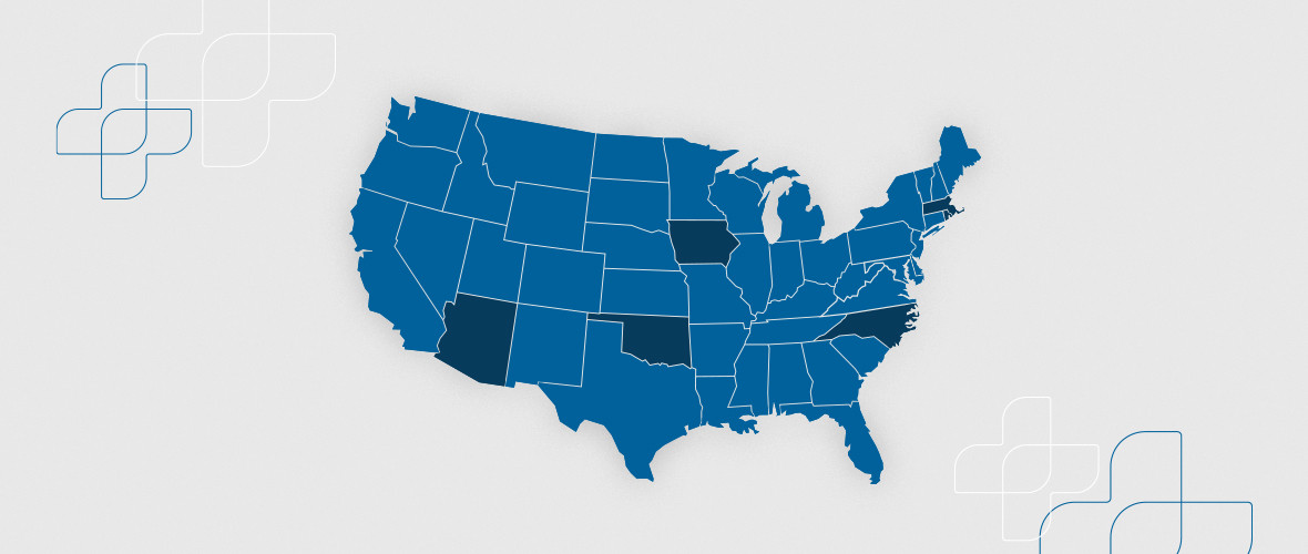 Map of the US with Oklahoma, Arizona, Iowa, North Carolina and Massachusetts highlighted in dark blue.