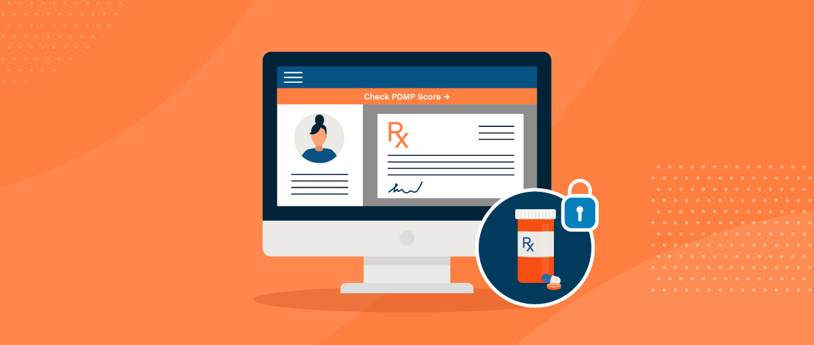 Orange Illustration of Desktop Computer Displaying PDMP Score Within E-Prescribing Software, Pill Bottle Patient Safety