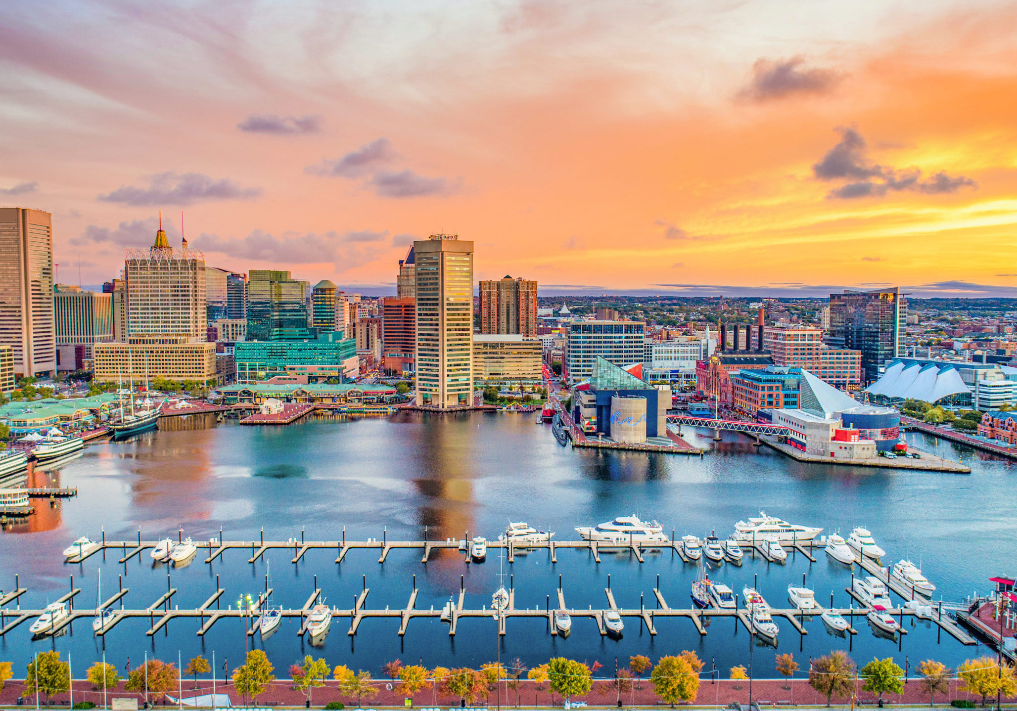 Baltimore Maryland MD Inner Harbor Skyline Aerial.