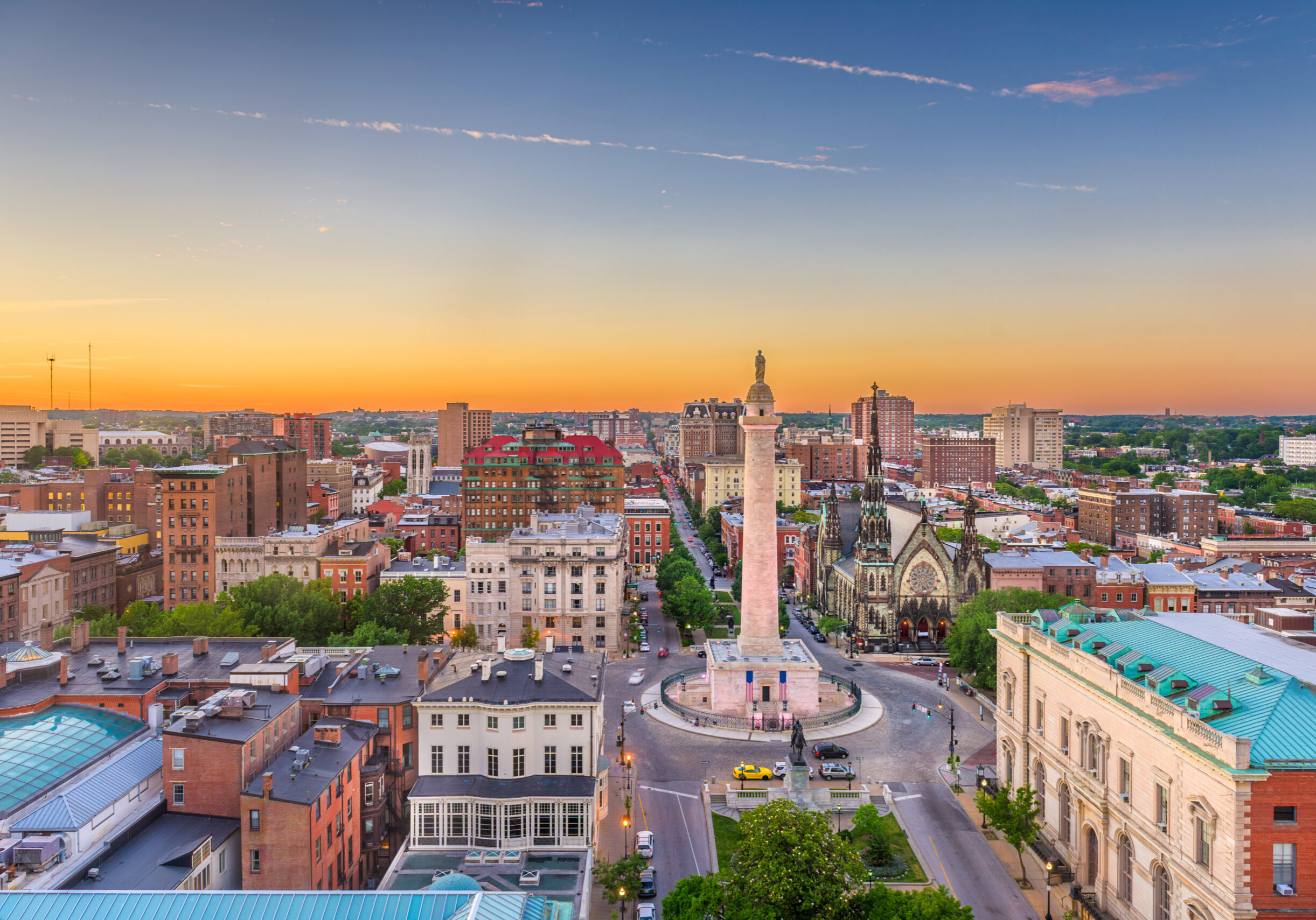 Baltimore, Maryland, USA cityscape at Mt. Vernon and the Washington Monument.