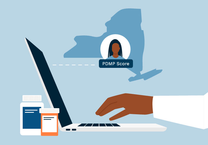 Blue Illustration of New York PDMP-Integrated E-Prescribing eRx Software, Doctor Typing on Laptop and Pill Bottles
