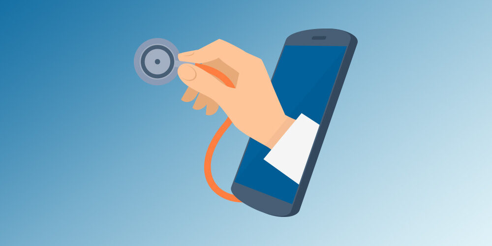 A graphic of a doctor hand and stethoscope coming out of a phone screen