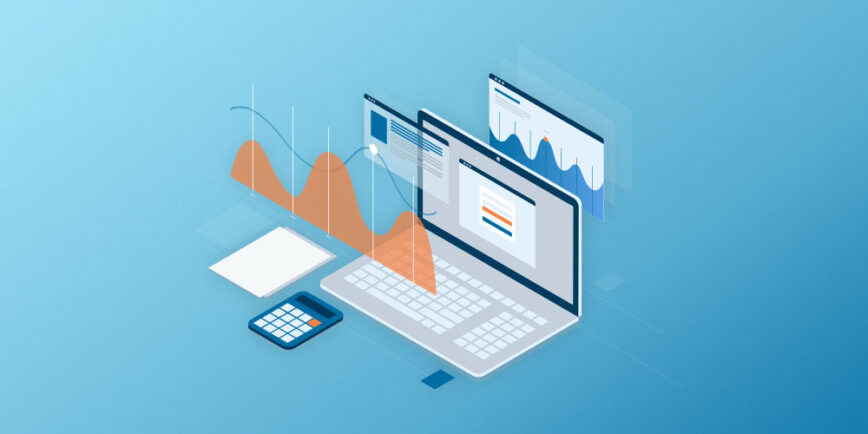 Graphic of computer and calculator on a desk with charts and graphics displayed