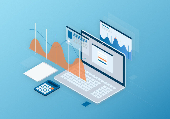 Graphic of computer and calculator on a desk with charts and graphics displayed