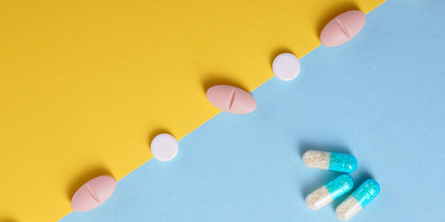 A variety of pills set on a table