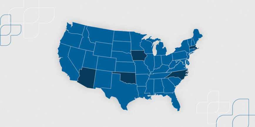 Map of the US with Oklahoma, Arizona, Iowa, North Carolina and Massachusetts highlighted in dark blue.