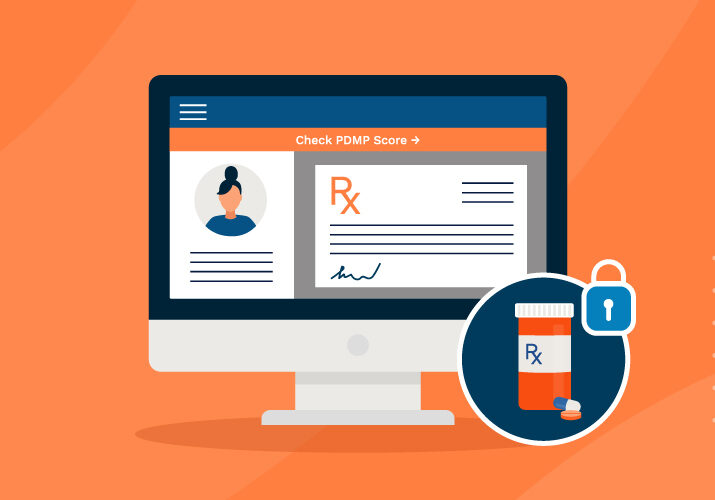 Orange Illustration of Desktop Computer Displaying PDMP Score Within E-Prescribing Software, Pill Bottle Patient Safety