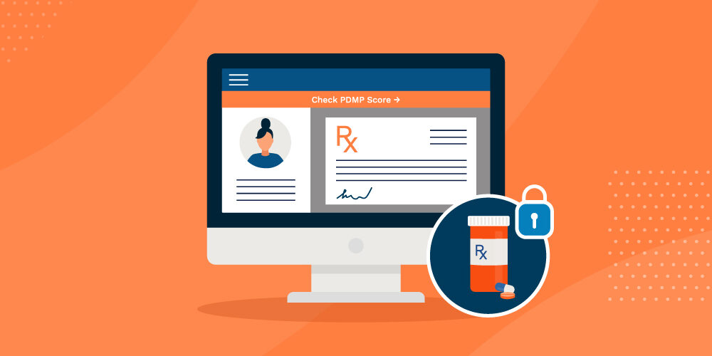 Orange Illustration of Desktop Computer Displaying PDMP Score Within E-Prescribing Software, Pill Bottle Patient Safety